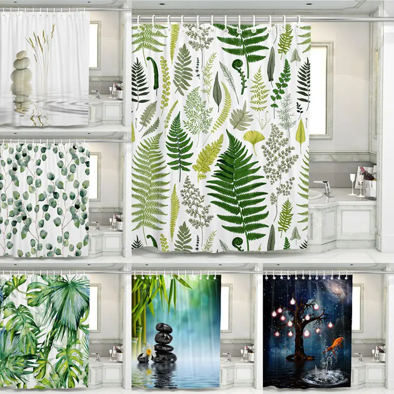 

Занавеска для душа с зелеными растениями для гидротерапии, водонепроницаемая штора из полиэстера с 3D рисунком листьев для ванной комнаты и душа