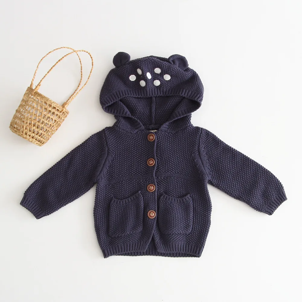 Осенне-зимняя детская трикотажная куртка с капюшоном для мужчин и женщин, детский вязаный кардиган, свитер, хлопковое повседневное Детское пальто с вышивкой - Цвет: Dark blue