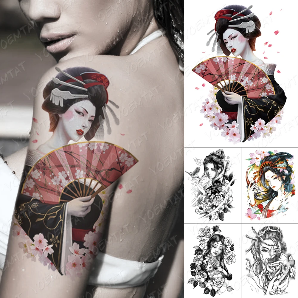 

Waterproof Temporary Tattoo Sticker Japanese Folding Fan Geisha Flash Tattoos Lotus Beauty Body Art Arm Fake Tatoo Women Men