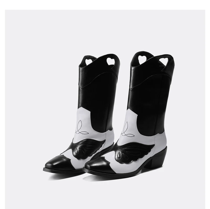 winter chunky high heels western cowboy mid-calf boots women lace up hollow butterfly patchwork large size Bohemian shoes female