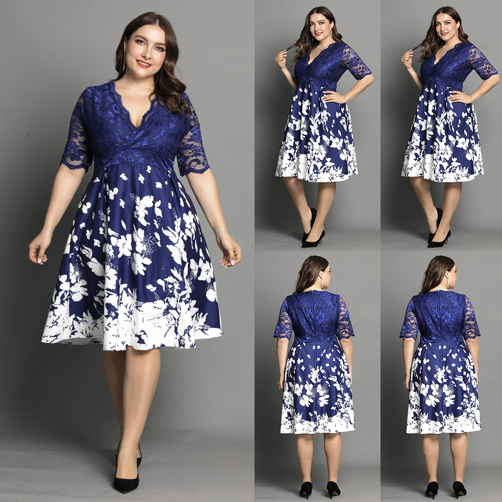 Robe grande taille imprimée à manches mi-longues avec col en V, collection printemps et automne