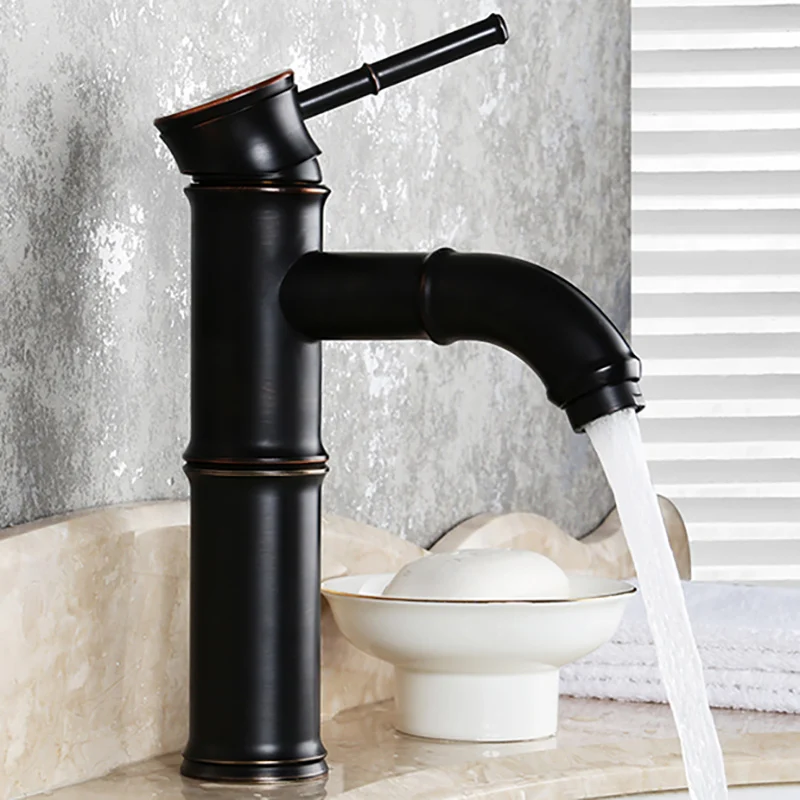 Black Bronze Brass Waterfall Bathroom Sink Faucet Vessel Tall Bamboo Water Tap Retro Single Hole Taps Basin Faucets Mixer Crane - Color: BZW02