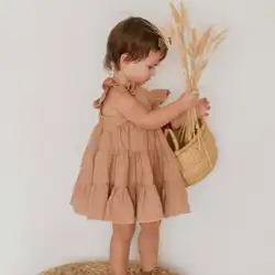 Robe d'été en coton et lin pour bébés filles, sans manches, mignonne, en dentelle, à volants, princesse, longue jupe, nouvelle collection 