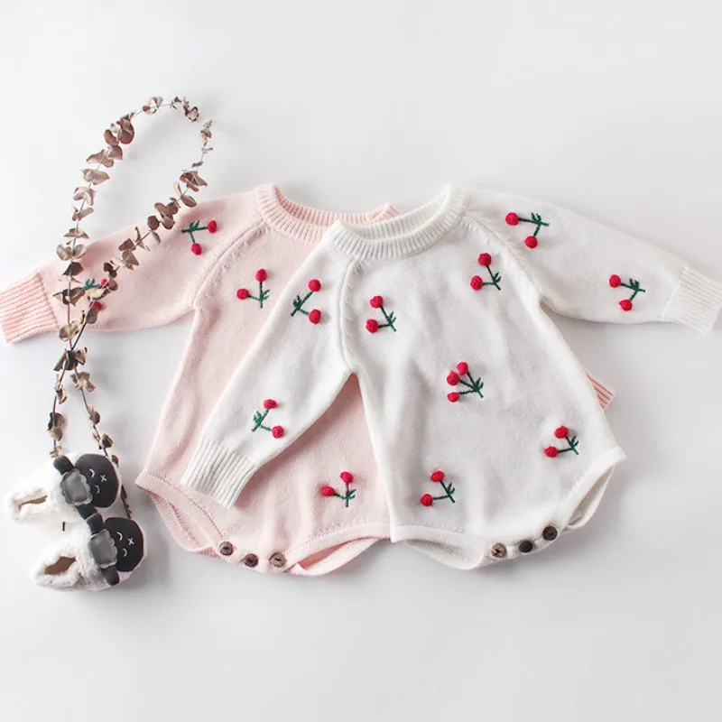 

INS Autumn 2019 Infant Toddler Baby Girl Sweet Princess Sweet Cherry Rompers Knitted Cotton Clothings