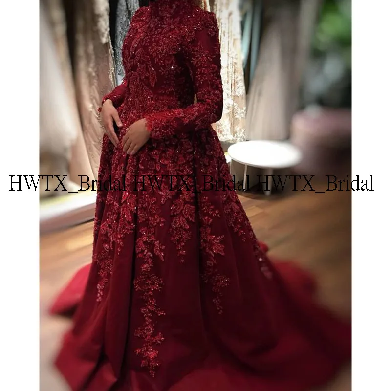 

Long Sleeves Muslim Evening Dress Burgundy A-line High Neck Vintage Lace Appliques Long 2020 Arabic Dubai Formal Evening Gowns