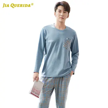 

New Soft Long Sleeve Long Pants Sleepwear Fashion Style Casual Style 100% Cotton Man Pajamas Set Plaid Printing Front Pocket
