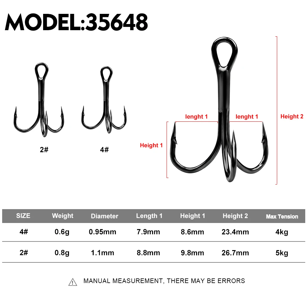 Proberos 50pcs Treble Hooks 2#-4# High Carbon Steel Fishhooks Black Triple  Fishing Hooks Barbed And Sharp Fishing Tackle