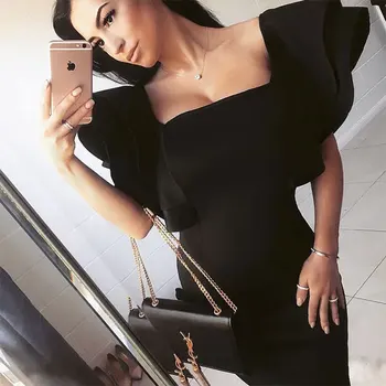 

2019 New Arrival Ruffles Black Flare Sleeve bandage Dress Elegant Celebrity Summer Solid Vestidos Party Club Backless Verano
