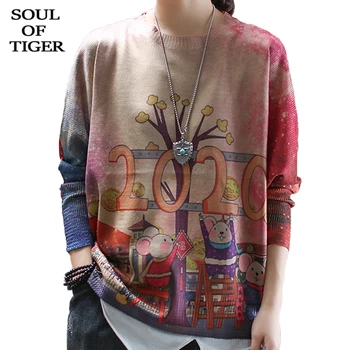 

SOUL OF TIGER 2020 New Spring Chinese Fashion Designer Womens Loose Knitwears Ladies Casual Printed Sweaters Vintage Pullovers