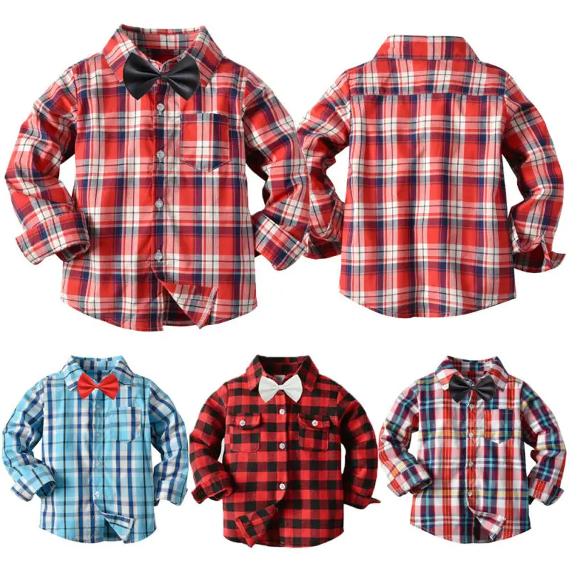

Kids Boys Classic Plaid Shirts Cotton Long Sleeve Button Down Casual Blouse Tops Gentleman Plaids Bowknot Tie Clothes