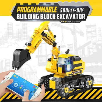 

580Pcs APP Programmable Remote Control Car Crawler Mini Digger RC Excavator Building Blocks Bricks Toys Gifts For Kids Children