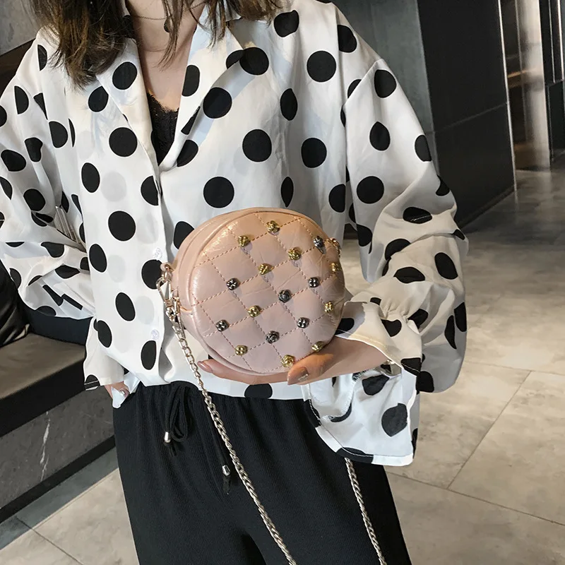 

2019 new mini round bag rose rivet female bag with one shoulder oblique span