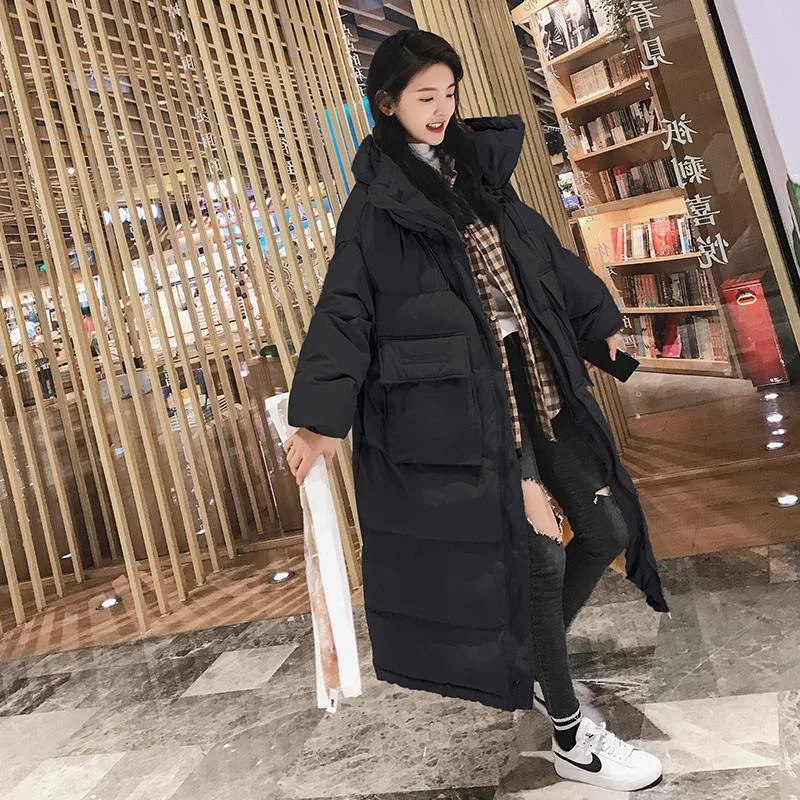 

Photo Shoot Main Push Navy Large Pocket Loose-Fit Drawstring Bud Stand Collar Long Actor down Coat Women Coat