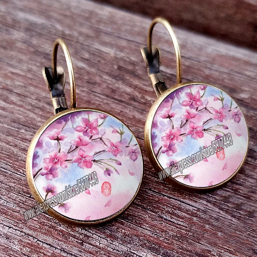 Retro Handmade Lotus Fower Women Pattern Glass Cabochon Stud Earring Blossom Flower Earring for Woman and Girl
