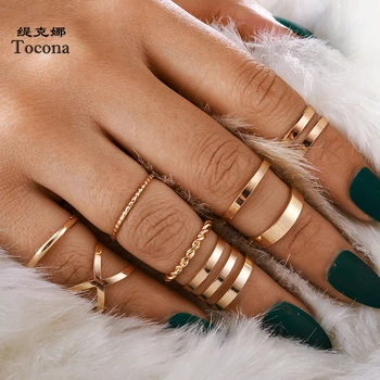 Tocona Bohemian Vintage Gold Crescent Geometric Joint Ring Set for Women Crystal Personality Design Ring Set Party Jewelry 10287
