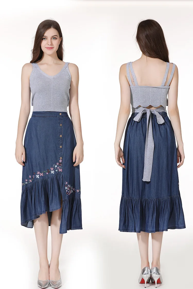 

2019 # Spring And Autumn New Style WOMEN'S Dress-Style Retro Embroidered Skirt Mid-length Large Size Slimming Denim Skirt