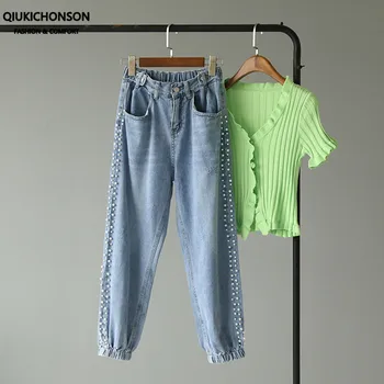 

Qiukichonson Beads Pearl Jeans Denim Pants Women Korean Style Cute Ankle Banded Joggers pantalones vaquerosv