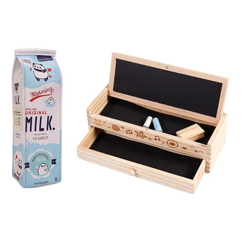 

Pencil Holder Pen Case Vintage Wooden Box Stationery Bag Wood Color & Milk Cartoon Pencil Case Cute PU Pen Bag