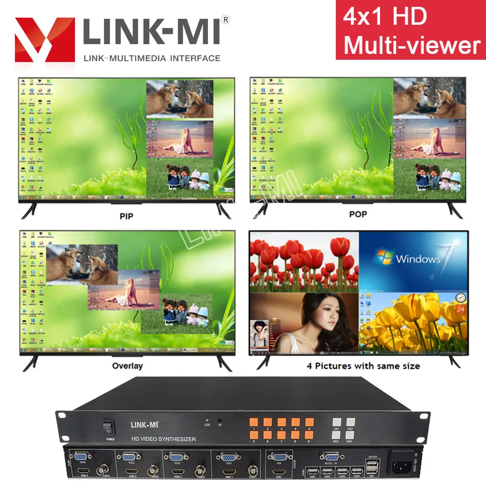 LINK-MI 4x1 멀티 뷰어 HDMI/USB/VGA/CVBS BNC 쿼드 스크린 멀티 플렉서 신디사이저 HD 디스플레이 프로젝터 DLP PIP 멀티 뷰어