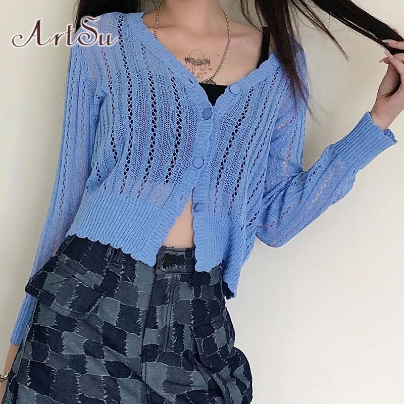 Женский тонкий кардиган с длинным рукавом ArtSu повседневный трикотажный свитер