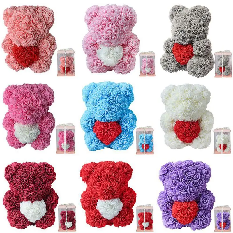 DropShipping 25cm Rose Bear Heart Artificial Flower Rose Teddy Bear For Women Valentine's Wedding Birthday Christmas Gift
