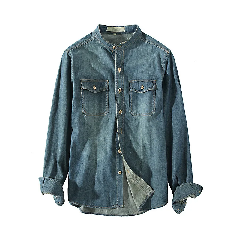 Quality Double Pocket Retro Man Slim Fit Button Down Long Sleeved Shirt Casual Men's Cotton Denim Stand Collar Dress Shirts |