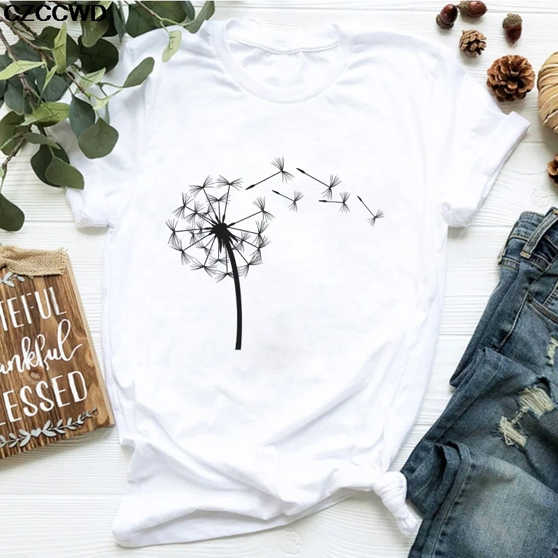 

Summer Down Wildflower Dandelion Print Vogue Women T-shirt Simple Casual Fun T Shirt Gift For Lady Yong Girl Tops Tees,Drop Ship
