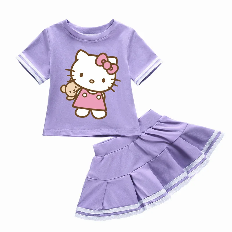 thumbnail image 1 of Hello Kitty-traje de dos piezas de algodón con dibujos animados para niñas, camiseta de manga corta con cuello redondo y Falda plisada, traje bonito y dulce, 1 of 5