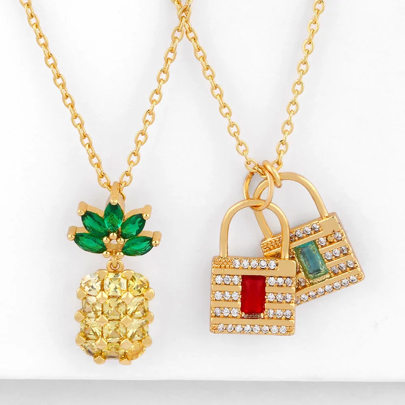 CZ Multi Layer Lock Pendants Necklaces For Women With Stone Gold Crystal Pineapple Zirconia Jewelry nkeq23 | Украшения и