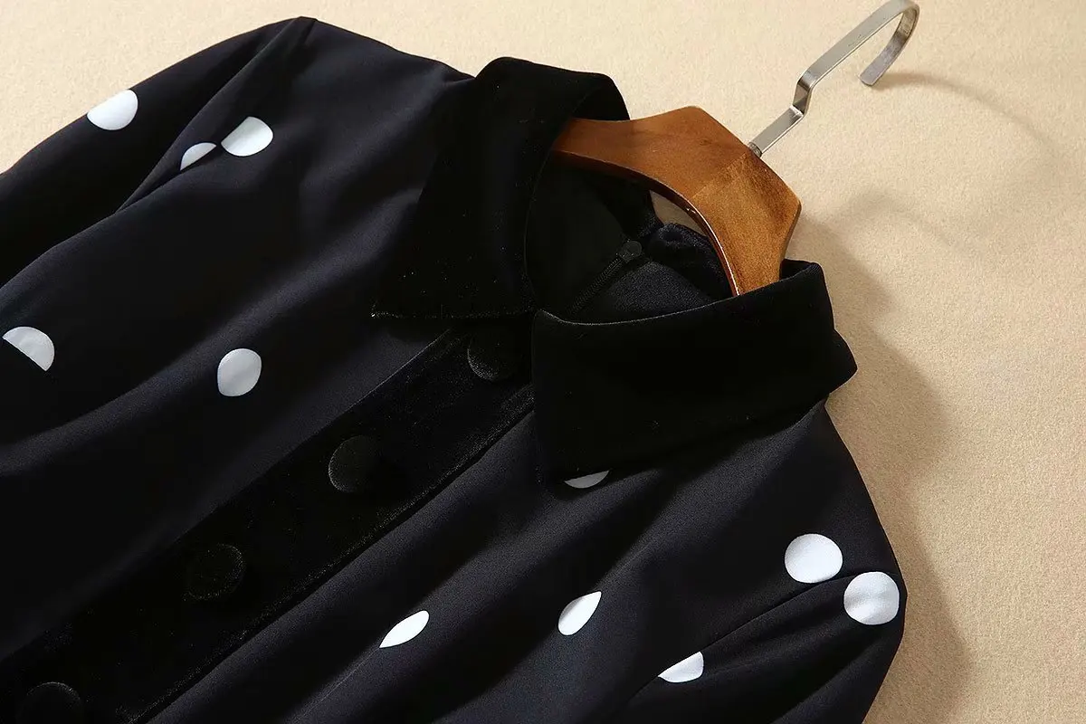 Осеннее платье в горошек для подиума, женское винтажное платье с длинным рукавом, бархатное шифоновое лоскутное плиссированное платье миди