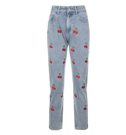 2020 Europe Cherry embroidery Jeans Woman fashion High waist slim Denim Pencli pants women Casual Denim trousers p1809 denim jeans Jeans