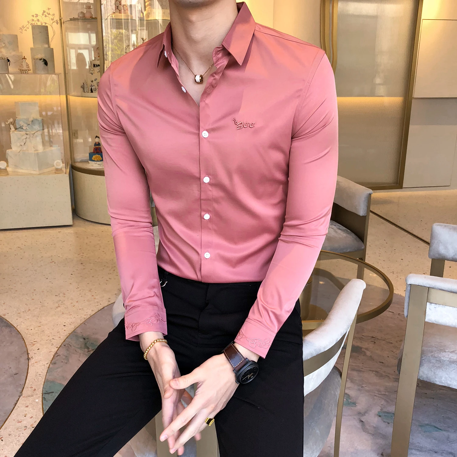 Kemeja Pria, приталенная Мужская рубашка с длинным рукавом, весна, Social Club Prom рубашка, Camisa Masculina, новая Корейская вышитая рубашка для мужчин