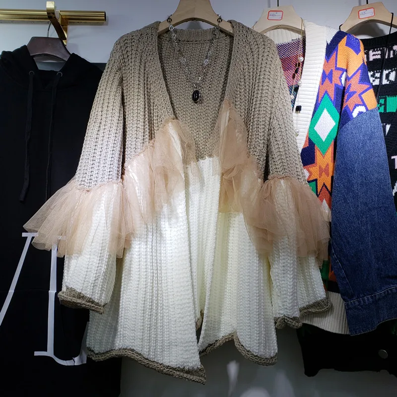 L-XXXL размера плюс, кимоно, кардиган, Для женщин зима ; модная одежда с длинными рукавами в стиле пэчворк с сеткой с оборками Свободные Теплый свитер со Размеры d