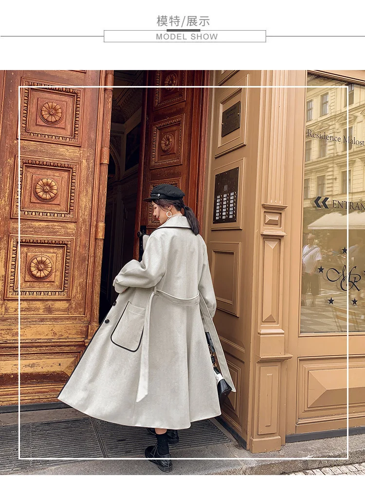 Шерстяная куртка для фотосессии, женская, средней длины, выше колена,, осенняя одежда, стиль, стройнящая, корейский стиль, свободная, элегантная