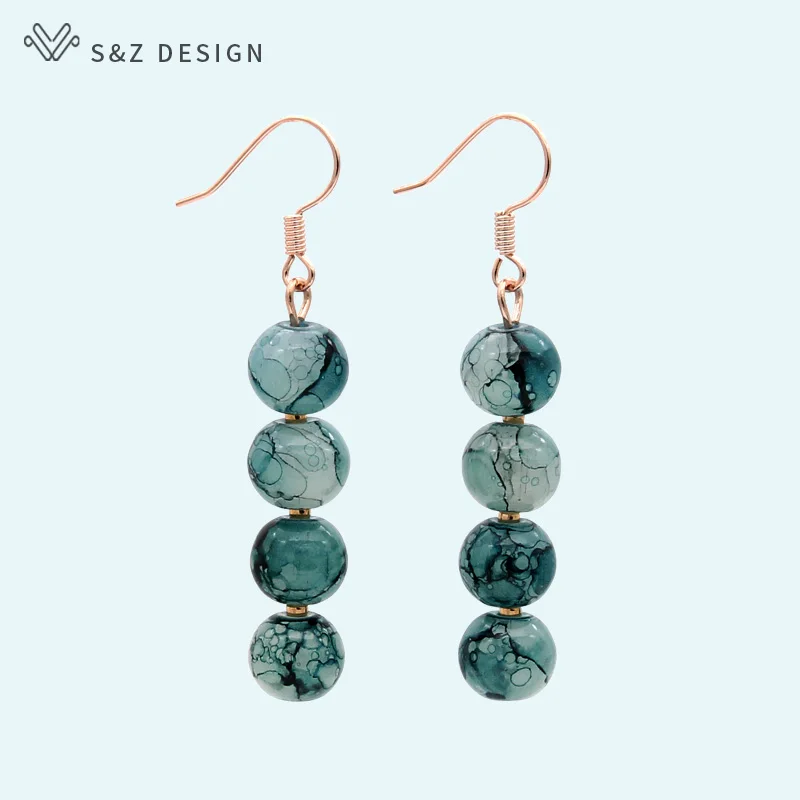 

S&Z Original Fashion Round Colored Glass Beads Dangle Earrings Hook 585 Rose Gold Eardrop For Women Girls Daily Party Jewelry
