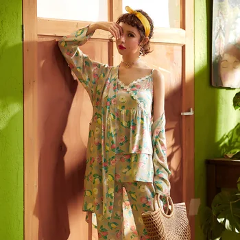 

Smmoloa Female Milk Silk Pjamas 3 Piece Sets Lace Robe Sets Satin Nightwear
