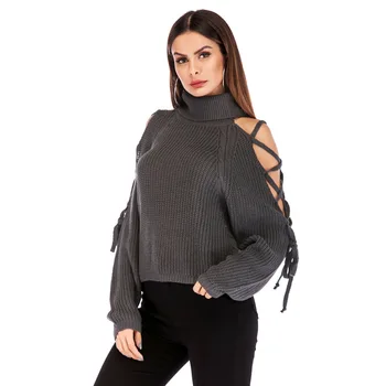 

winter women sexy hollow out shoulder sweaters female turtleneck lace up sleeve sweaters woman thick winter knitted pullovers