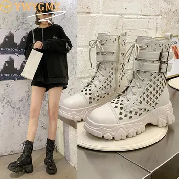 

New Summer Women Boots PU Leather Boots Zipper Buckle Strap Woman Shoes Casual Buckle Cutout Shoes Woman Boots Botas Mujer