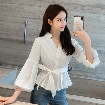 

COIGARSAM Cute Chiffon Shirt Womens tops New Summer Loose Belt V-Neck Women shirts White Yellow 6826