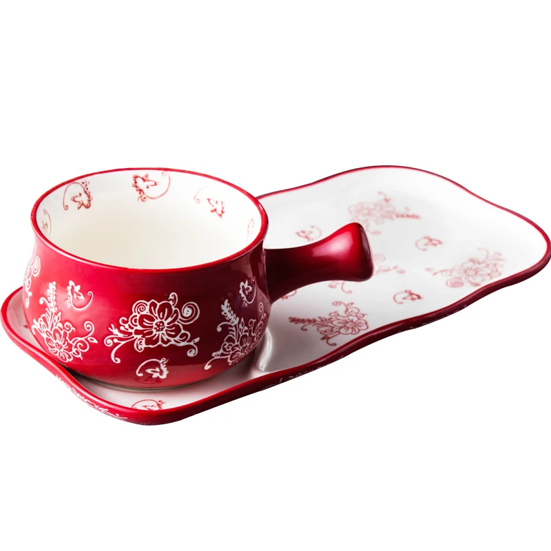Креативная японская керамическая посуда для завтрака, чашка для дома с тарелкой, запеченная чаша, овсяная чаша с ручкой