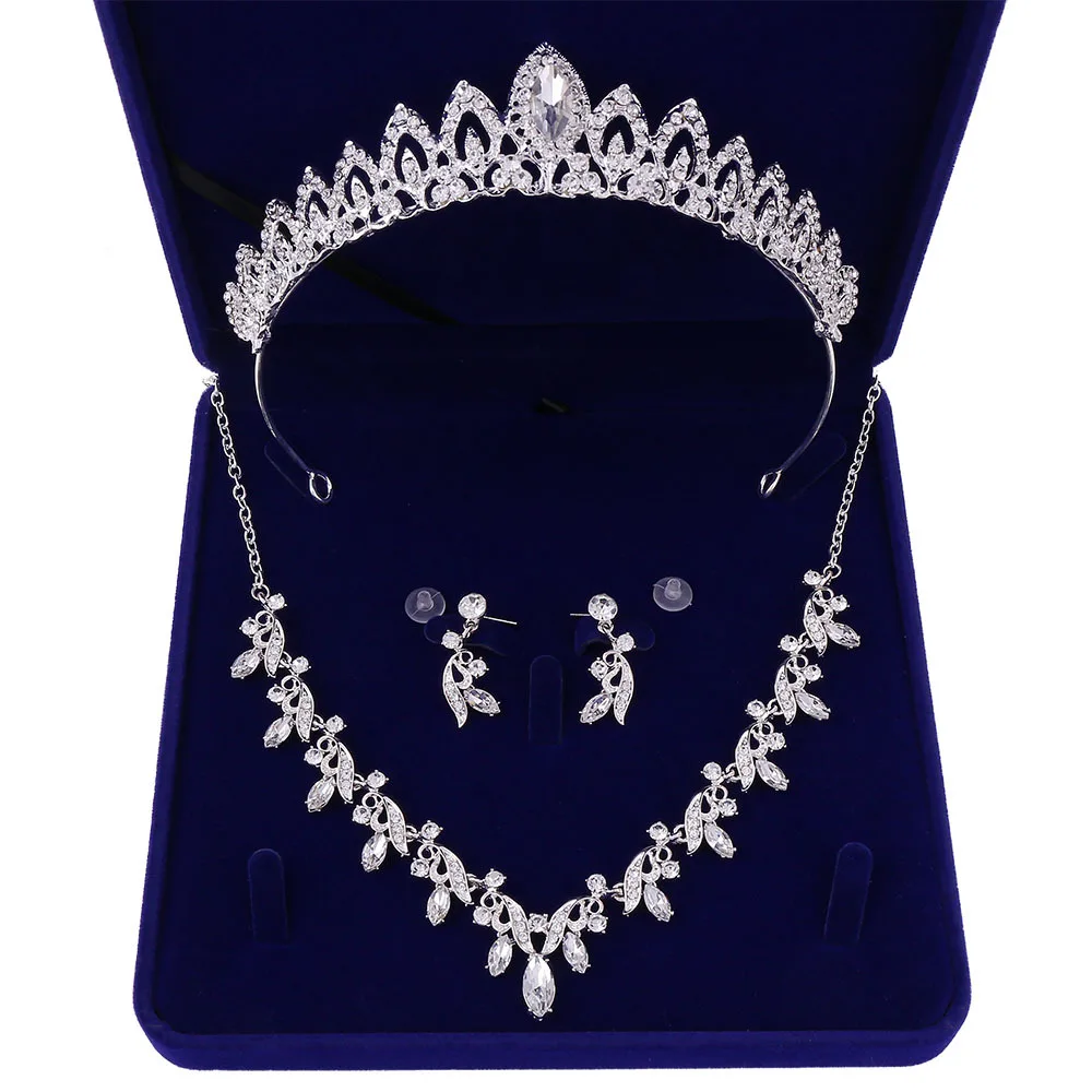 3Pcs Jewelry Set Модный серебряный с кристаллами Капля воды комплект ювелирных изделий с драгоценными камнями жемчуг ожерелье серьги свадьба африканская бижутерия наборы - Окраска металла: 3Pcs Jewelry Set