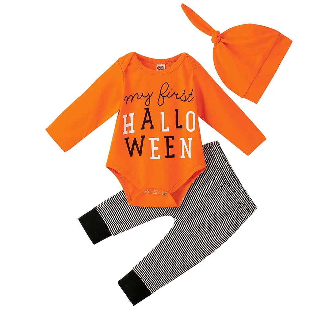 New Children Clothes Festival-wear Costume Newborn Infant Baby Boy Girl Halloween Letter Romper Pumkin Pants Hat Cap Outfit