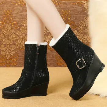

Women Shiny Genuine Leather Wedges High Heel Military Ankle Boots Female High Top Winter Platform Pumps Winter Fashion Snekaers