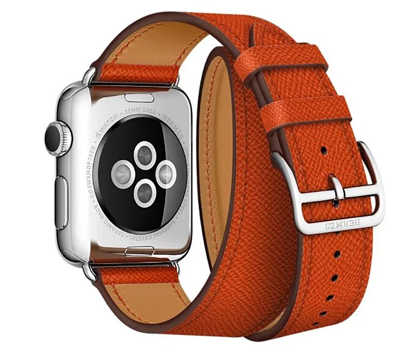 Коровья кожа двойной тур ремешок для Apple Watch 5 Группа 44 мм iwatch серии 4 3 2 1 42 мм петля 38 мм Браслет замена 40 мм сталь - Band Color: Flame orange