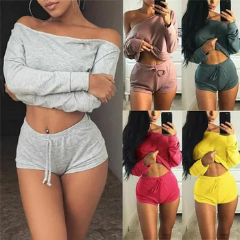 

2PCS Women Gym Sport Long Sleeve Crop Top+Short Pant Sets Tracksuit Suits Clothes