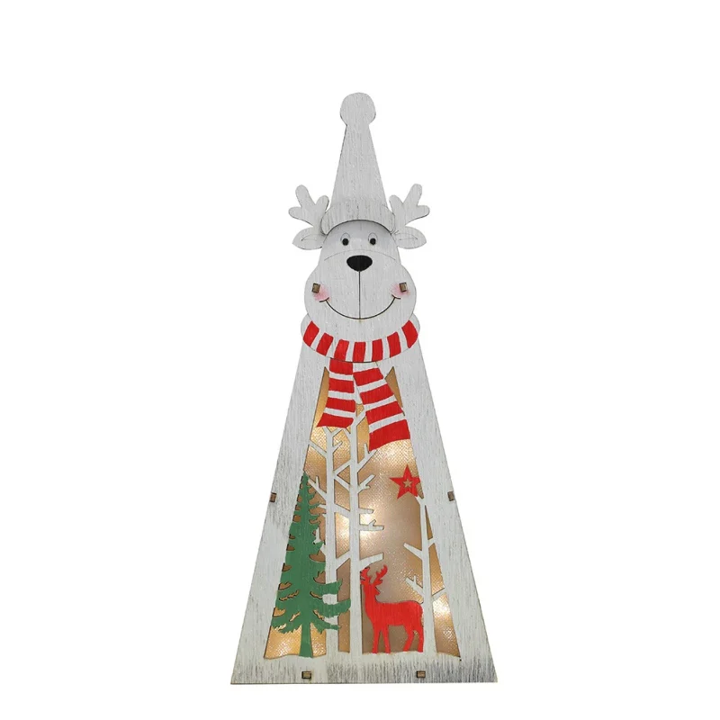 New Year Christmas Decoration Crafts Color Painted LED Light Up Wooden Tabletop Ornaments Battery Not Icnluded H
