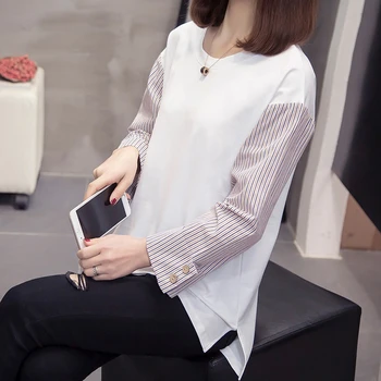 

Nkandby Plus Size Patchwork T-shirt Women 2020 Spring Casual Loose Striped Long Sleeve Tops Tee Shirt Oversized Split Tshirt