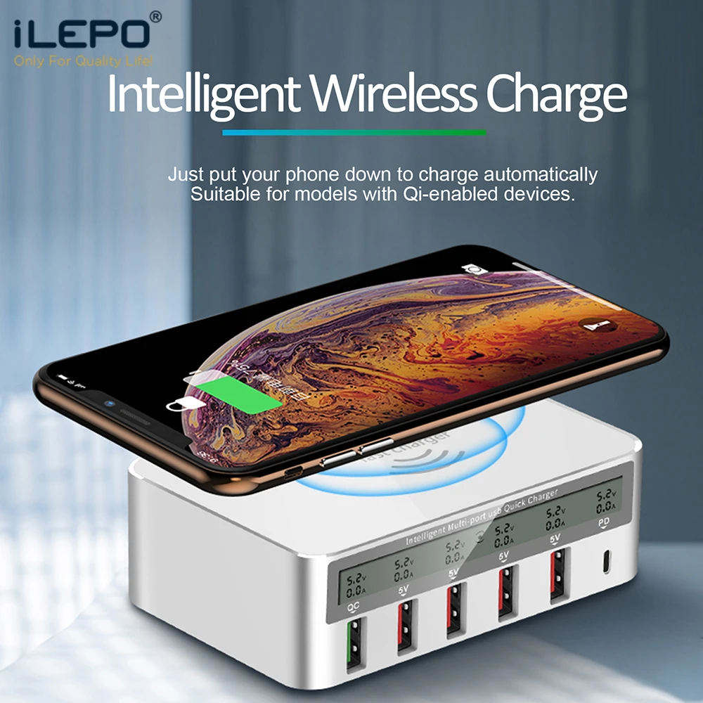 iLEPO 100W QC3.0 USB Charger PD Quick Charge 5-Port Smart  LCD Charger Fast Wireless Charger For iphone8 X Samsung Xiaomi Huawei