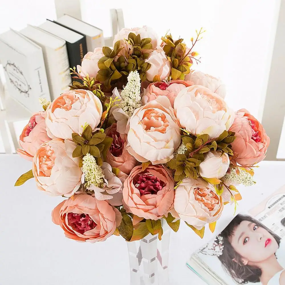 Dining room table decorated false flowers core peony peony flower shape