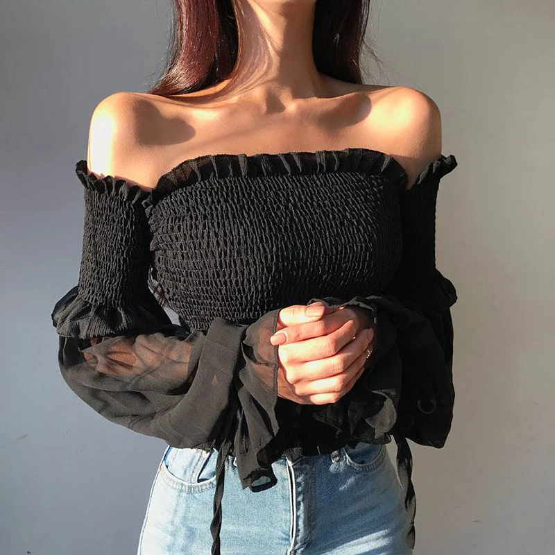 137177-42581e.jpg Solid Color Pleated Bow Fashion Women Ladies Long Sleeve Off Shoulder Cropped Tops Blouse Shirt Lace